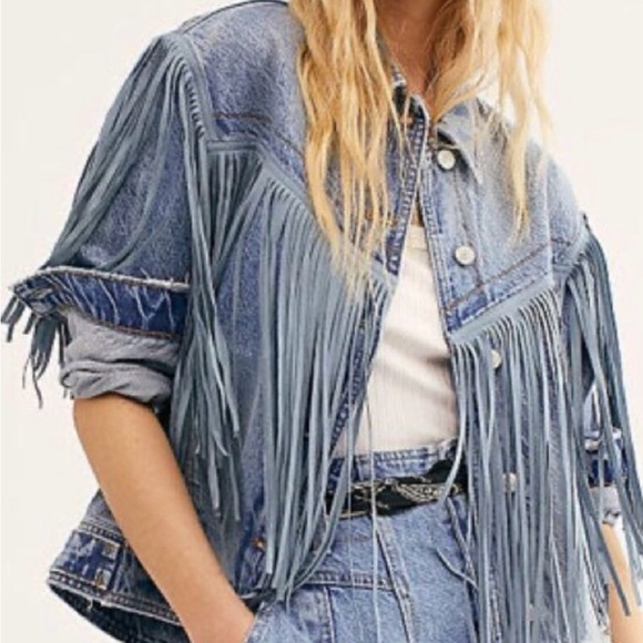 We The Free -Free People Blue Fringe Jean Jacket - Picture 3 of 8